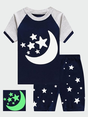 Boys Star & Moon Print Raglan Sleeve Snug Fit PJ Set