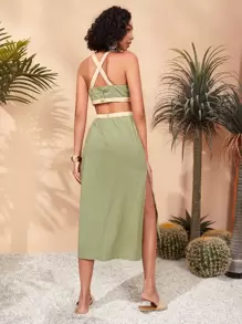 SHEIN VCAY 拼接邊鏤空十字交叉高衩吊帶連衣裙 - 薄荷綠 - 查看 2