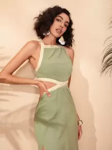 SHEIN VCAY 拼接邊鏤空十字交叉高衩吊帶連衣裙 - 薄荷綠 - 查看 4