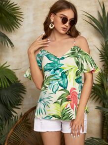SHEIN Maternity Tropical Print Cold Shoulder Blouse - Multicolor - View 1