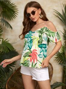 SHEIN Maternity Tropical Print Cold Shoulder Blouse - Multicolor - View 5