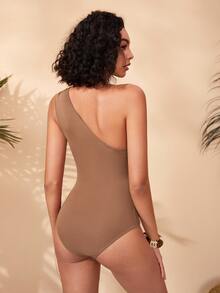 SHEIN Solid One Shoulder Bodysuit - Khaki - View 2