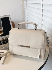 Lightweight , Business Casual Metal Decor Top Handle Flap Square Bag For Teen Girls Women College Students , Rookies & White-collar Workers Perfect for Office , College , Work , Business , Commute , Outdoors , Travel , Outings - Krem - View 2
