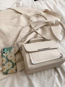 Lightweight , Business Casual Metal Decor Top Handle Flap Square Bag For Teen Girls Women College Students , Rookies & White-collar Workers Perfect for Office , College , Work , Business , Commute , Outdoors , Travel , Outings - Krem - View 5