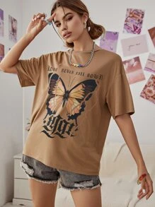SHEIN EZwear Letter & Butterfly Print Drop Shoulder Tee - Camel - View 3