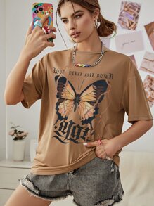 SHEIN EZwear Letter & Butterfly Print Drop Shoulder Tee - Camel - View 5
