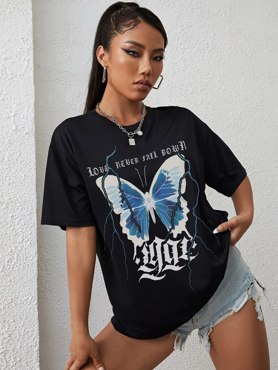 INAWLY 字母與蝴蝶印花落肩T恤 - 黑色 - 查看 1