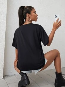 INAWLY 字母與蝴蝶印花落肩T恤 - 黑色 - 查看 2