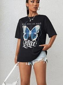 INAWLY 字母與蝴蝶印花落肩T恤 - 黑色 - 查看 4