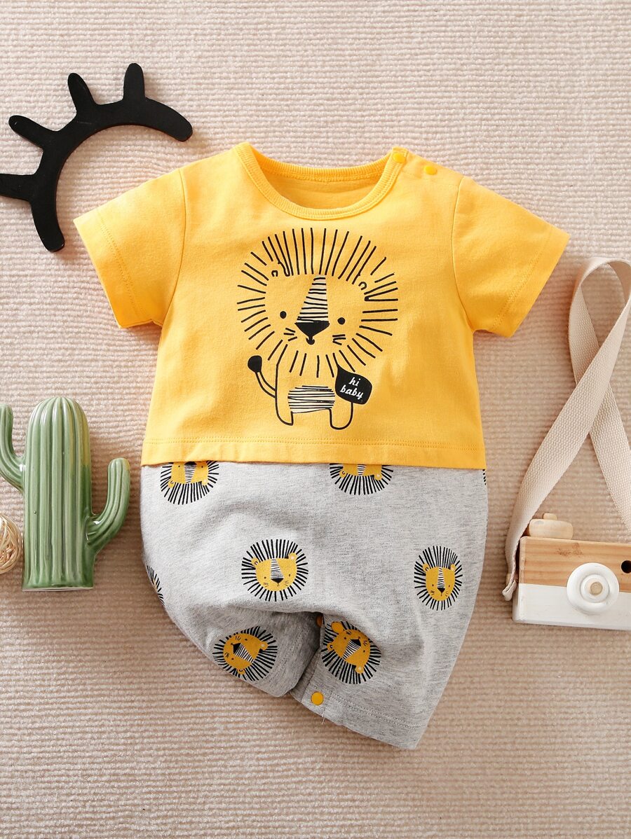 Yierying 嬰兒卡通和標語圖案二合一連身短褲 - 彩色 - 查看 1