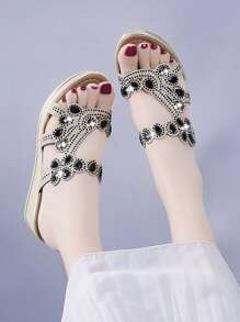 Rhinestone Decor Wedge Slide Sandals - Black - View 2