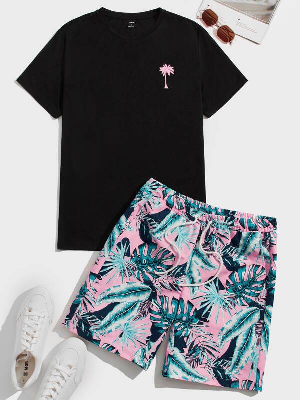 Manfinity VCAY Ensemble d'été Homme avec Tee-shirt imprimé palmier noix de coco et Short à cordon de serrage taille imprimé tropical