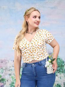 SHEIN MOD Camiseta con estampado floral fruncido ribete en forma de lechuga - Multicolor - Ver 4