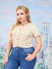 SHEIN MOD Camiseta con estampado floral fruncido ribete en forma de lechuga - Multicolor - Ver 5