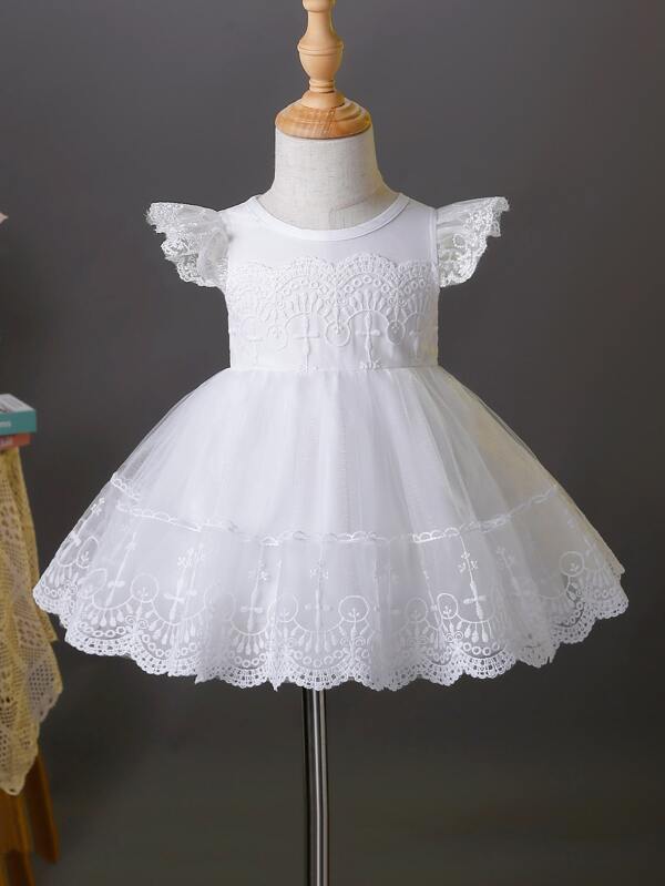 SHEIN 嬰兒女孩對比蕾絲荷葉袖網狀覆蓋長禮服連衣裙