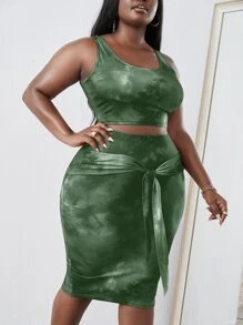 大碼紮染背心上衣和前繫帶半身裙 - 墨綠色 - 查看 3