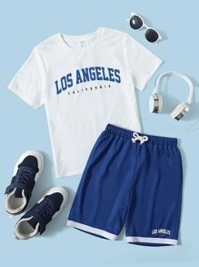 SHEIN Tween Boy Letter Graphic Tee & Contrast Trim Shorts - Blue - View 1