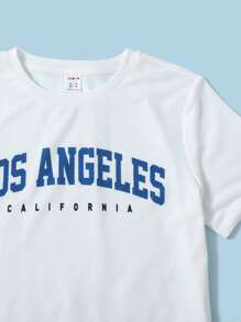 SHEIN Tween Boy Letter Graphic Tee & Contrast Trim Shorts - Blue - View 3