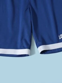 SHEIN Tween Boy Letter Graphic Tee & Contrast Trim Shorts - Blue - View 4