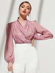 Modelyn Lantern Sleeve Overlap Collar Chiffon Blouse - Pink - View 1