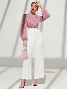 Modelyn Lantern Sleeve Overlap Collar Chiffon Blouse - Pink - View 3
