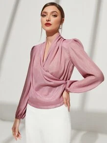 Modelyn Lantern Sleeve Overlap Collar Chiffon Blouse - Pink - View 4