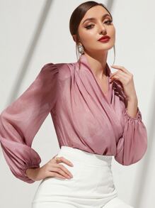 Modelyn Lantern Sleeve Overlap Collar Chiffon Blouse - Pink - View 5