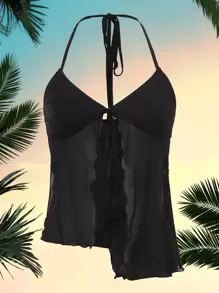 SHEIN ICON Áo hai dây Bất đối xứng Thắt nút Xù nhỏ Buộc lại màu trơn Gợi cảm - màu đen - Xem 1