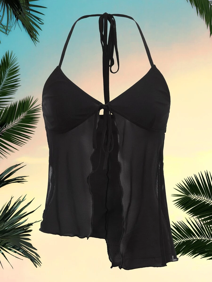 SHEIN ICON Áo hai dây Bất đối xứng Thắt nút Xù nhỏ Buộc lại màu trơn Gợi cảm - màu đen - Xem 1