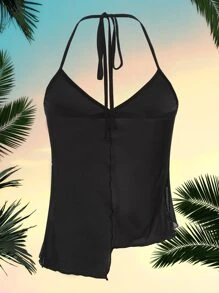 SHEIN ICON Áo hai dây Bất đối xứng Thắt nút Xù nhỏ Buộc lại màu trơn Gợi cảm - màu đen - Xem 2
