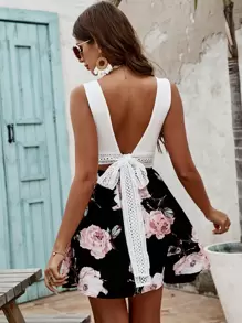 SHEIN VCAY 印花水溶蕾絲拼接後綁帶連衣裙 - 彩色 - 查看 1