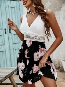 SHEIN VCAY 印花水溶蕾絲拼接後綁帶連衣裙 - 彩色 - 查看 2