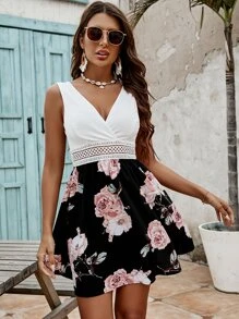 SHEIN VCAY 印花水溶蕾絲拼接後綁帶連衣裙 - 彩色 - 查看 4