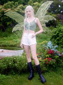 ROMWE Fairycore Lace Up Cami Top Fairy Core - Green - View 5