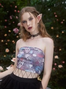 ROMWE Fairycore Women's Fashionable Allover Print Cropped Strapless Top For Summer - Multicolor - View 1