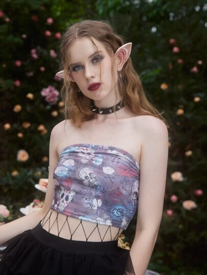 ROMWE Fairycore Women's Fashionable Allover Print Cropped Strapless Top For Summer