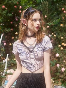 ROMWE Fairycore Áo thun nữ Tương phản ren Thắt nơ trước Paisley Giải trí - Nhiều màu - Xem 4