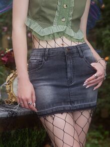 ROMWE Fairycore 蝴蝶刺繡牛仔半身裙 - 灰色 - 查看 2