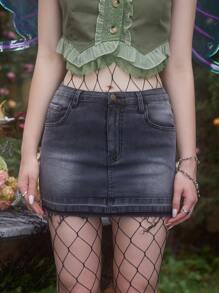 ROMWE Fairycore 蝴蝶刺繡牛仔半身裙 - 灰色 - 查看 3