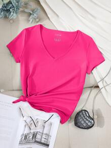 INAWLY Camiseta de cuello V unicolor - Rosa Fucsia - Ver 1