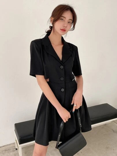 DAZY カットアウトウエスト ラペルネック プリーツヘム シャツドレス