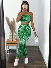 Random Marble Print Tube Top & Slit Hem Leggings - Green - View 3