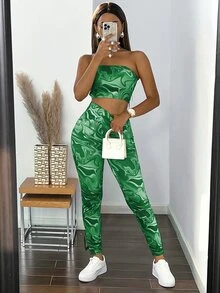 Random Marble Print Tube Top & Slit Hem Leggings - Green - View 4