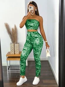 Random Marble Print Tube Top & Slit Hem Leggings - Green - View 5