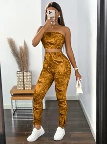 al azar con estampado de mármol Top bandeau & bajo con abertura Leggings - Multicolor - Ver 1