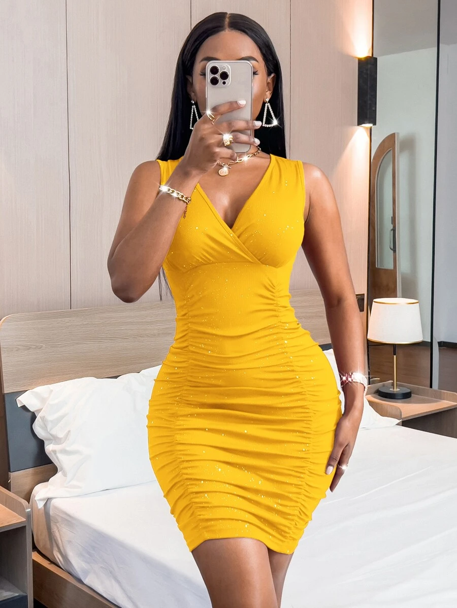 SHEIN SXY Rhinestone Ruched Bodycon Dress - Yellow - View 1