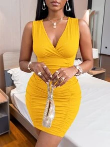 SHEIN SXY Rhinestone Ruched Bodycon Dress - Yellow - View 5