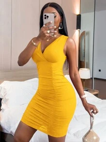SHEIN SXY Rhinestone Ruched Bodycon Dress - Yellow - View 6