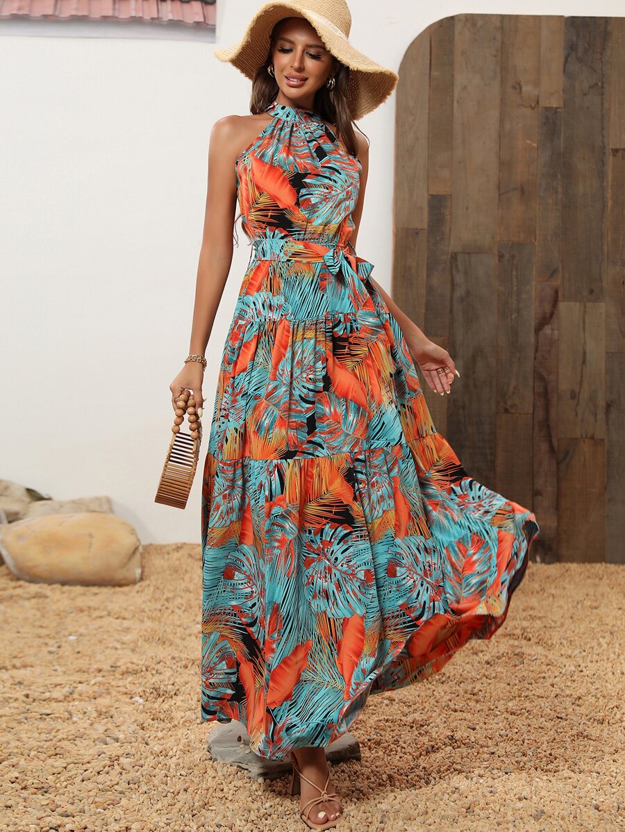 SHEIN VCAY Tropical Print Belted Halter Dress - Multicolor - View 1