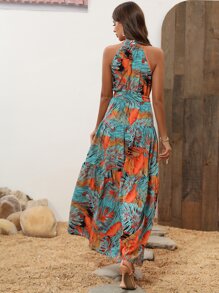 SHEIN VCAY Tropical Print Belted Halter Dress - Multicolor - View 2